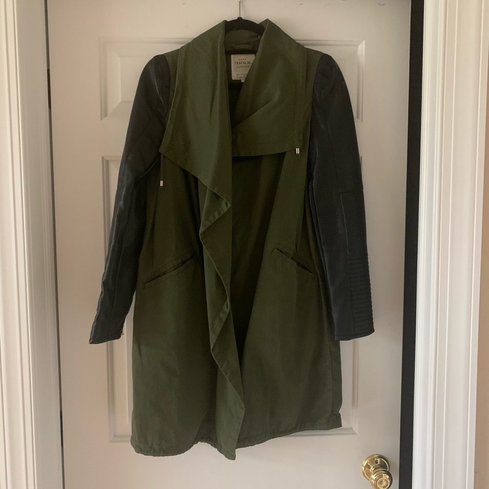 Zara Army Jacket with Leather Sleeves Size S